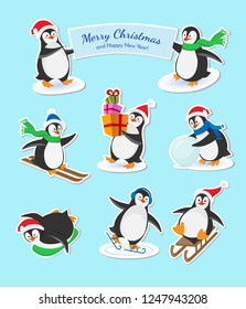 Set of eight funny Christmas penguins stickers. Penguin on skates, on skis, on a sleigh, with a snowball, with box gifts, with a poster.
Vector illustration in flat style. 