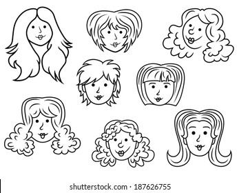 Set with eight funny women contour faces over white, hand drawing cartoon vector illustration