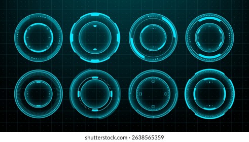 Set of eight futuristic circle head up display vector elements. Digital HUD user interface design for web application and game development. Vector graphics. 