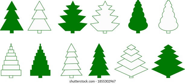 set of eight geometric Christmas trees in green and white