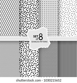 Set of Eight Geometric Monochrome Seamless Patterns, Black Plus Sign and Strip on a White Background, Rhombus and Polka Dots, Wave and Herringbone, Stars, Vector Illustration