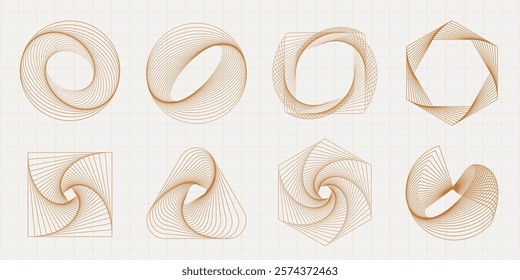 Set of eight geometric patterns with swirling lines. Geometric shapes include circles, triangles, and hexagons. Swirling lines create intricate designs. Geometric elements, vector set.