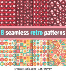 Set of eight geometric retro seamless patterns. 
