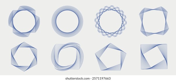 Set of eight geometric shapes in blue. Geometric patterns include circles, hexagons, and squares. Blue geometric designs create intricate patterns. Geometric elements, vector set.