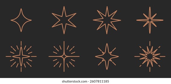 Set of eight geometric star icons in orange on a dark background. Star shapes vary in design. Star icons ideal for design projects. Doodle illustrations, vector set.