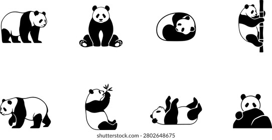 Set of eight giant panda silhouettes in various poses with silhouette, wildlife