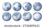 Set of eight global hemispheres. Different views of the Earth globe grid design. International world map for geography and travel concept.