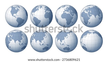 Set of eight global hemispheres. Different views of the Earth globe grid design. International world map for geography and travel concept.