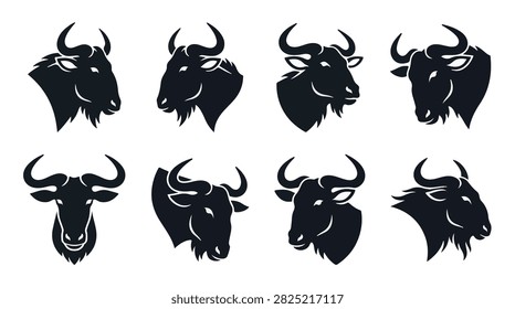 A set of eight gnu head silhouette vector icon illustration on a white background