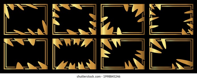 Ein Satz von acht goldenen Rahmen. Rahmen in ungewöhnlicher Form. Vektorgrafik.