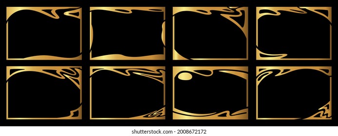 A set of eight gold frames. Frames of an unusual shape. Vector illustration.