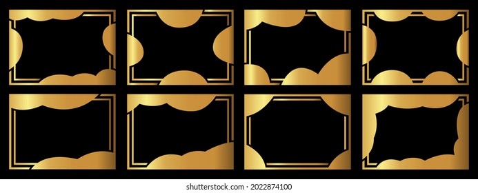 A set of eight gold frames. Frames of an unusual shape. Vector illustration.