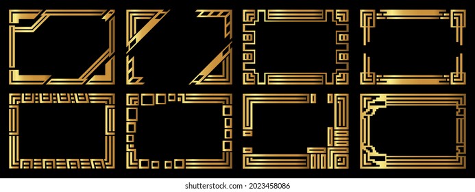 A set of eight gold frames. Frames of an unusual shape. Vector illustration.