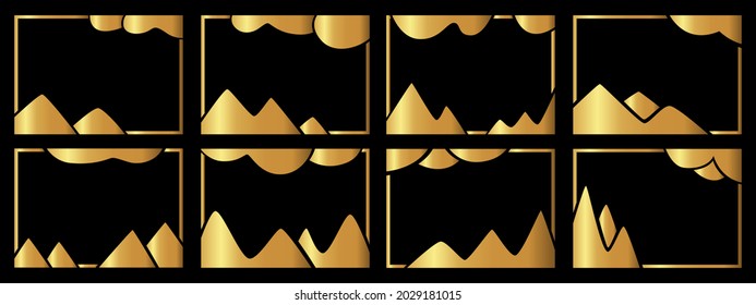 A set of eight gold frames. Frames of an unusual shape. Vector illustration.