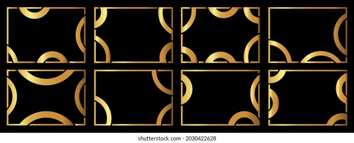 A set of eight gold frames. Frames of an unusual shape. Vector illustration.