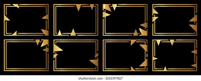 A set of eight gold frames. Frames of an unusual shape. Vector illustration.