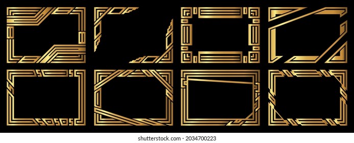 Un conjunto de ocho marcos dorados. Marcos de una forma inusual. Ilustración vectorial.