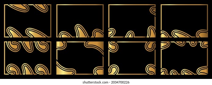 A set of eight gold frames. Frames of an unusual shape. Vector illustration.