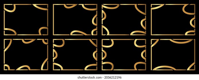 A set of eight gold frames. Frames of an unusual shape. Vector illustration.