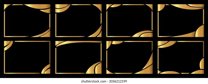 A set of eight gold frames. Frames of an unusual shape. Vector illustration.