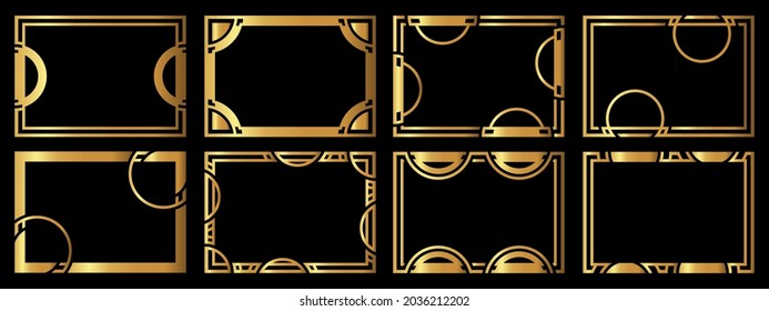 A set of eight gold frames. Frames of an unusual shape. Vector illustration.