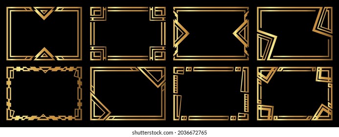 A set of eight gold frames. Frames of an unusual shape. Vector illustration.