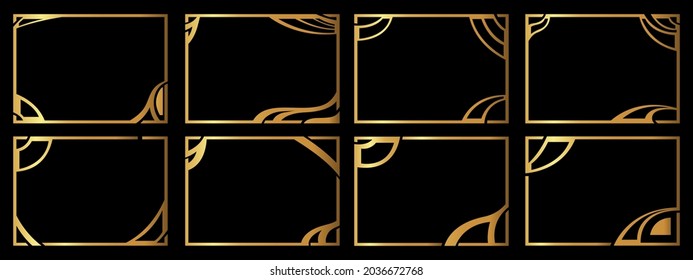 Un conjunto de ocho marcos dorados. Marcos de una forma inusual. Ilustración vectorial.