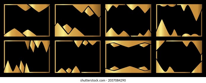A set of eight gold frames. Frames of an unusual shape. Vector illustration.