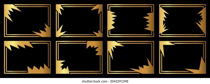 A set of eight gold frames. Frames of an unusual shape. Vector illustration.