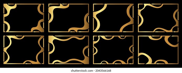 A set of eight gold frames. Frames of an unusual shape. Vector illustration.