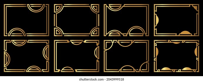 A set of eight gold frames. Frames of an unusual shape. Vector illustration.