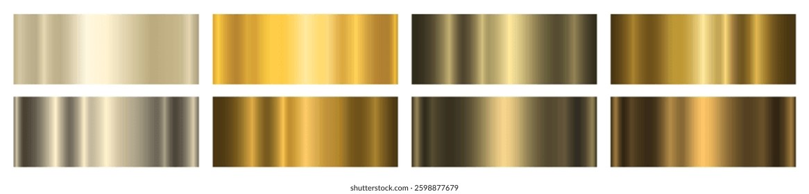 A set of eight gold and platinum gradients on a white background. Metallic texture, shiny background. Vector EPS 10.