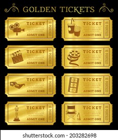 Set of eight golden vector cinema tickets and coupons templates. Vector file is organized in layers to separate Graphic elements from texture and text.