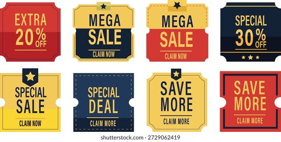Un conjunto de ocho Elementos Guardar de Diseño gráfico con anuncios de venta como 'Mega Venta', 'Oferta Especial', 'Más' y descuentos porcentuales, diseñados para el Uso comercial. Colección de etiquetas de descuento, Anuncios y etiquetas para promociones de compras