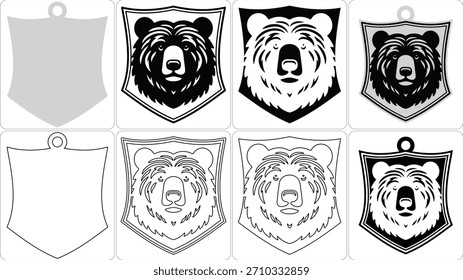 Un conjunto de ocho Diseños gráficos con cabezas de oso en escudo y Formas de Anuncio en varios estilos y niveles de detalle.