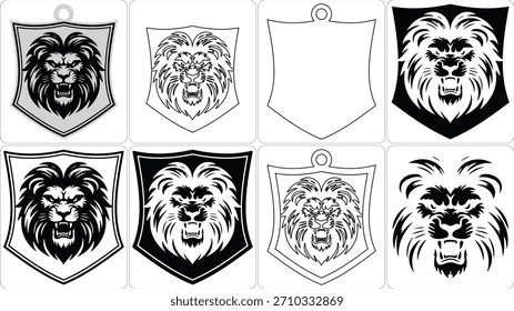 Um conjunto de oito desenhos gráficos apresentando ferozes cabeças de leão em formas de escudo e banner, apresentados em preto e branco.