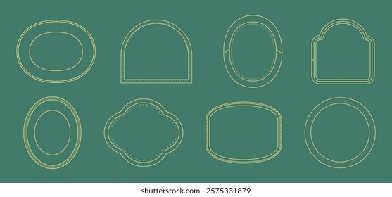 Set of eight green label frames with various shapes: oval, arch, and rounded. Decorative frames for labels, designs. Elegant label frames for creativity. Decorative elements with copy space. Vector