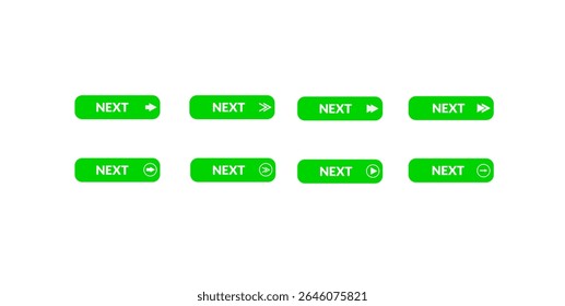 Um conjunto de oito botões verdes "Next" com vários desenhos de seta, indicando progressão ou avanço.