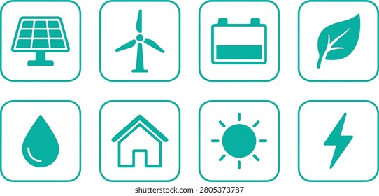 Set of eight green renewable energy and sustainability icons featuring solar panels wind turbines battery storage eco leaves water drops house sun and lightning symbols for web design