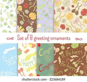 Set of eight greeting ornaments. Bows and ribbons in vintage style.