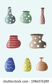 Set of eight hand draw naive vases with dots and stripes red, blue, yellow. green and brown colors in light blue background.