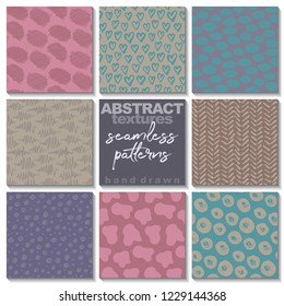 Set of eight hand drawn abstract seamless patterns. Endless colorful vector backgrounds of simple primitive scratchy textures with dots, stripes, waves.
