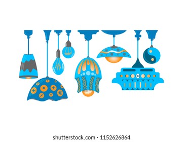Set of eight hand drawn ceiling lamps isolated on white