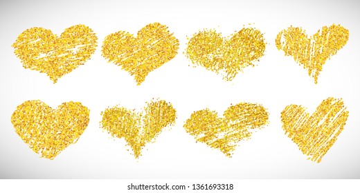 Set of eight hand drawn golden glitter hearts. Symbol of Love. Vector illustration