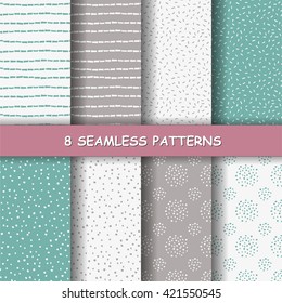 Set of eight hand drawn graphic patterns. Cute sketched backgrounds. Seamless doodle texture. Made in vector