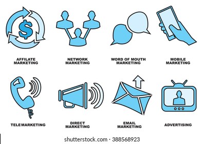Set of eight hand drawn icon designs for business marketing and promotion methods in shades of blue isolated on white background.