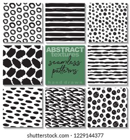 Set of eight hand drawn ink seamless patterns. Endless vector backgrounds of simple primitive scratchy textures with dots, stripes, waves.