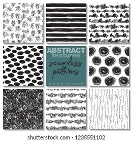 Set of eight hand drawn ink seamless patterns. Endless vector backgrounds of simple primitive scratchy textures with dots, stripes, waves.