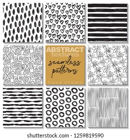 Set of eight hand drawn ink seamless patterns. Endless vector backgrounds of simple primitive scratchy textures with dots, stripes, waves