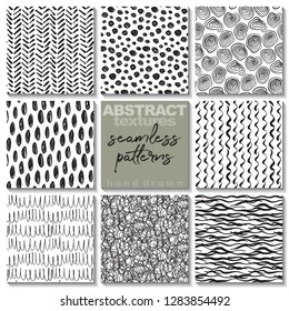 Set of eight hand drawn ink seamless patterns. Endless vector backgrounds of simple primitive scratchy textures with dots, stripes, waves